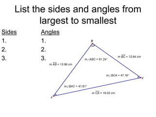 List the sides and angles from
largest to smallest
Sides
1.
2.
3.
Angles
1.
2.
3.
 
