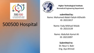 500500 Hospital
submitted by:
Name: Mohamed Abdel-Fattah AlSheikh
ID: 20213017​
Name: Fady Mikhael ​Malak
ID: 20213139​
Name: Abdullah Kamal Ali
ID: 20213097
Submitted to:
Dr. Nour S. Bakr
Eng. Aya Ahmed
Higher Technological Institute
Biomedical Engineering Department
 