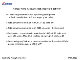 Amber Pune : Energy cost reduction activity
27.09.2016Leadership Through Innovation
o Elect Energy cost reduction by utilizing Solar power
In Peak period ( 6 am to 6 pm) as per govt. policy
o Total power consumption in Yr.2015 – 11 lacks unit
o Total power consumption in Yr. 2016 (till Aug16) – 8.4 lacks unit
oTotal power consumption in peak time Yr 2015 – 6.29 lacks units
Avg. 52 k units , Max. 87.6 k in Mar 15 , Min. 27.4 k in Sept 15
o Considering Avg.50 k units consumption in month, can install Solar
power generation system of 0.3 MW
 