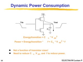 ELEC516/10 Lecture 9
10
Dynamic Power Consumption
Vin Vout
CL
Energy/transition = C L * V dd
2
Power = Energy/transition *...