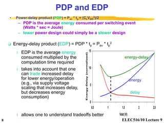 ELEC516/10 Lecture 9
8
PDP and EDP
• Power-delay product (PDP) = Pav * tp = (CLVDD
2)/2
– PDP is the average energy consum...
