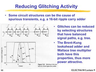 ELEC516/10 Lecture 9
95
Reducing Glitching Activity
• Some circuit structures can be the cause of
spurious transients, e.g...