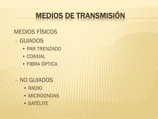 MEDIOS DE TRANSMISIÓN
MEDIOS FÍSICOS
 GUIADOS
• PAR TRENZADO
• COAXIAL
• FIBRA ÓPTICA
 NO GUIADOS
• RADIO
• MICROONDAS
• SATÉLITE
 