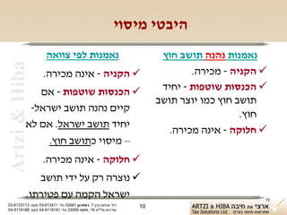 ‫היבטי מיסוי‬
                    ‫נאמנות לפי צוואה‬                                ‫נאמנות נהנה תושב חוץ‬
 ‫‪Artzi & Hiba‬‬

                   ‫‪ ‬הקניה - אינה מכירה.‬                                   ‫‪ ‬הקניה - מכירה.‬
              ‫‪ ‬הכנסות שוטפות - אם‬                                  ‫‪ ‬הכנסות שוטפות - יחיד‬
                                                                   ‫תושב חוץ כמו יוצר תושב‬
            ‫קיים נהנה תושב ישראל-‬
                                                                                      ‫חוץ.‬
           ‫יחיד תושב ישראל. אם לא‬
                                                                      ‫‪ ‬חלוקה - אינה מכירה.‬
                ‫– מיסוי כתושב חוץ.‬
                  ‫‪ ‬חלוקה - אינה מכירה.‬
              ‫‪ ‬נוצרה רק על ידי תושב‬
           ‫ישראל הקמה עם פטירתו.‬                                                          ‫01‬
‫רח' מנחם בגין 7, רמת-גן 18625 טל: 114316-30 פקס: 3113316-30‬   ‫01‬
‫שדרות פלי"ם 61, חיפה 59033 טל: 1818119-40 פקס: 8818119-40‬
 