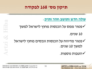 ‫תיקון מס' 861 לפקודה‬

                                                              ‫עולה חדש ותושב חוזר ותיק:‬
 ‫‪Artzi & Hiba‬‬


                            ‫‪ ‬פטור ממס על הכנסות מחוץ לישראל למשך‬
                                                                             ‫01 שנים.‬
                   ‫‪ ‬פטור מדיווח על הכנסות ונכסים מחוץ לישראל‬
                                             ‫למשך 01 שנים.‬
                                                                       ‫‪ ‬הטבות נוספות.‬

‫רח' מנחם בגין 7, רמת-גן 18625 טל: 114316-30 פקס: 3113316-30‬    ‫11‬
‫שדרות פלי"ם 61, חיפה 59033 טל: 1818119-40 פקס: 8818119-40‬
 