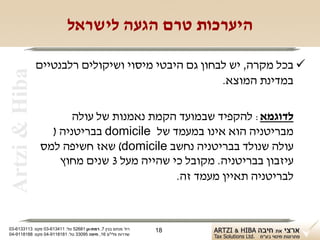 ‫היערכות טרם הגעה לישראל‬

                ‫‪ ‬בכל מקרה, יש לבחון גם היבטי מיסוי ושיקולים רלבנטיים‬
 ‫‪Artzi & Hiba‬‬

                                                     ‫במדינת המוצא.‬

                       ‫לדוגמא: להקפיד שבמועד הקמת נאמנות של עולה‬
                  ‫מבריטניה הוא אינו במעמד של ‪ domicile‬בבריטניה )‬
                ‫עולה שנולד בבריטניה נחשב ‪ (domicile‬שאז חשיפה למס‬
                    ‫עיזבון בבריטניה. מקובל כי שהייה מעל 3 שנים מחוץ‬
                                           ‫לבריטניה תאיין מעמד זה.‬



‫רח' מנחם בגין 7, רמת-גן 18625 טל: 114316-30 פקס: 3113316-30‬   ‫81‬
‫שדרות פלי"ם 61, חיפה 59033 טל: 1818119-40 פקס: 8818119-40‬
 