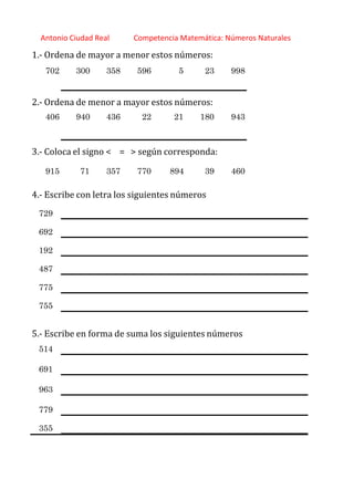 http://orientacionandujar.wordpress.com/
Antonio Ciudad Real Competencia Matemática: Números Naturales
1.‐ Ordena de mayor a menor estos números:
702 300 358 596 5 23 998
2.‐ Ordena de menor a mayor estos números:
406 940 436 22 21 180 943
3.‐ Coloca el signo < = > según corresponda:
915 71 357 770 894 39 460
4.‐ Escribe con letra los siguientes números
729
692
192
487
775
755
5.‐ Escribe en forma de suma los siguientes números
514
691
963
779
355
 