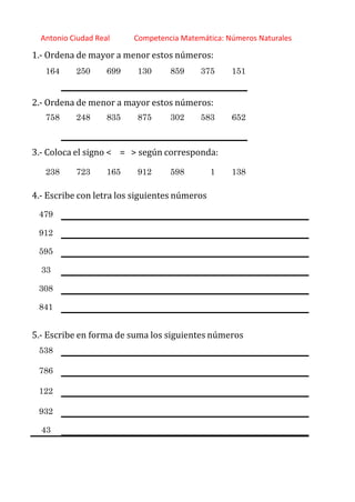 http://orientacionandujar.wordpress.com/
Antonio Ciudad Real Competencia Matemática: Números Naturales
1.‐ Ordena de mayor a menor estos números:
164 250 699 130 859 375 151
2.‐ Ordena de menor a mayor estos números:
758 248 835 875 302 583 652
3.‐ Coloca el signo < = > según corresponda:
238 723 165 912 598 1 138
4.‐ Escribe con letra los siguientes números
479
912
595
33
308
841
5.‐ Escribe en forma de suma los siguientes números
538
786
122
932
43
 