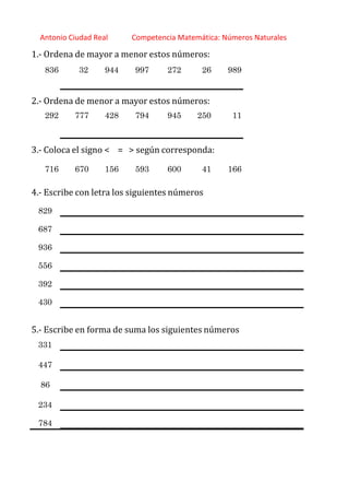 http://orientacionandujar.wordpress.com/
Antonio Ciudad Real Competencia Matemática: Números Naturales
1.‐ Ordena de mayor a menor estos números:
836 32 944 997 272 26 989
2.‐ Ordena de menor a mayor estos números:
292 777 428 794 945 250 11
3.‐ Coloca el signo < = > según corresponda:
716 670 156 593 600 41 166
4.‐ Escribe con letra los siguientes números
829
687
936
556
392
430
5.‐ Escribe en forma de suma los siguientes números
331
447
86
234
784
 