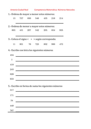 http://orientacionandujar.wordpress.com/
Antonio Ciudad Real Competencia Matemática: Números Naturales
1.‐ Ordena de mayor a menor estos números:
13 737 850 546 435 216 214
2.‐ Ordena de menor a mayor estos números:
803 431 207 542 205 654 935
3.‐ Coloca el signo < = > según corresponda:
11 801 76 723 802 980 473
4.‐ Escribe con letra los siguientes números
434
7
418
243
829
633
5.‐ Escribe en forma de suma los siguientes números
317
171
34
449
767
 