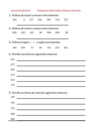 http://orientacionandujar.wordpress.com/
Antonio Ciudad Real Competencia Matemática: Números Naturales
1.‐ Ordena de mayor a menor estos números:
755 5 717 243 587 713 477
2.‐ Ordena de menor a mayor estos números:
622 353 145 59 958 830 29
3.‐ Coloca el signo < = > según corresponda:
445 278 77 94 754 272 621
4.‐ Escribe con letra los siguientes números
344
277
979
413
214
175
5.‐ Escribe en forma de suma los siguientes números
107
103
716
686
962
 