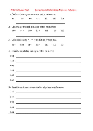 http://orientacionandujar.wordpress.com/
Antonio Ciudad Real Competencia Matemática: Números Naturales
1.‐ Ordena de mayor a menor estos números:
851 15 66 431 497 483 608
2.‐ Ordena de menor a mayor estos números:
486 443 350 923 596 70 522
3.‐ Coloca el signo < = > según corresponda:
837 812 697 837 647 703 904
4.‐ Escribe con letra los siguientes números
364
750
690
345
836
558
5.‐ Escribe en forma de suma los siguientes números
121
257
929
839
584
 