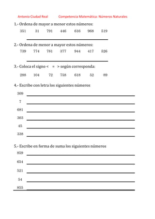 http://orientacionandujar.wordpress.com/
Antonio Ciudad Real Competencia Matemática: Números Naturales
1.‐ Ordena de mayor a menor estos números:
351 31 791 446 616 968 519
2.‐ Ordena de menor a mayor estos números:
739 774 781 377 944 417 526
3.‐ Coloca el signo < = > según corresponda:
288 104 72 758 618 52 89
4.‐ Escribe con letra los siguientes números
309
7
681
303
45
338
5.‐ Escribe en forma de suma los siguientes números
859
654
521
54
855
 