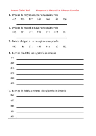 http://orientacionandujar.wordpress.com/
Antonio Ciudad Real Competencia Matemática: Números Naturales
1.‐ Ordena de mayor a menor estos números:
415 783 727 338 100 82 236
2.‐ Ordena de menor a mayor estos números:
568 314 947 942 577 574 361
3.‐ Coloca el signo < = > según corresponda:
880 81 571 486 644 40 962
4.‐ Escribe con letra los siguientes números
77
647
680
862
846
420
5.‐ Escribe en forma de suma los siguientes números
227
477
211
321
871
 