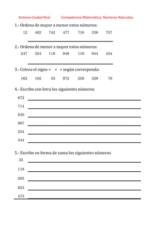 http://orientacionandujar.wordpress.com/
Antonio Ciudad Real Competencia Matemática: Números Naturales
1.‐ Ordena de mayor a menor estos números:
12 462 742 477 718 338 737
2.‐ Ordena de menor a mayor estos números:
247 324 118 946 119 844 454
3.‐ Coloca el signo < = > según corresponda:
162 182 35 972 259 529 79
4.‐ Escribe con letra los siguientes números
672
714
840
967
254
344
5.‐ Escribe en forma de suma los siguientes números
35
118
205
623
473
 