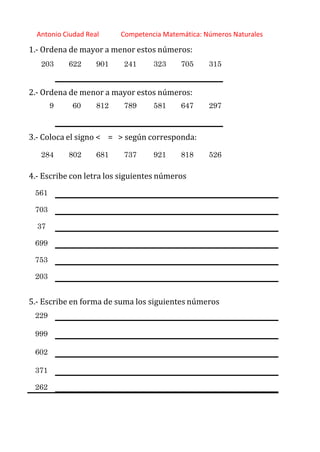 http://orientacionandujar.wordpress.com/
Antonio Ciudad Real Competencia Matemática: Números Naturales
1.‐ Ordena de mayor a menor estos números:
203 622 901 241 323 705 315
2.‐ Ordena de menor a mayor estos números:
9 60 812 789 581 647 297
3.‐ Coloca el signo < = > según corresponda:
284 802 681 737 921 818 526
4.‐ Escribe con letra los siguientes números
561
703
37
699
753
203
5.‐ Escribe en forma de suma los siguientes números
229
999
602
371
262
 