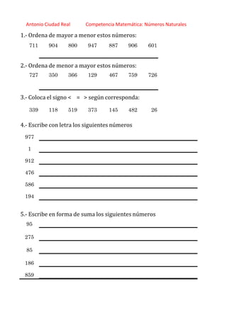 http://orientacionandujar.wordpress.com/
Antonio Ciudad Real Competencia Matemática: Números Naturales
1.‐ Ordena de mayor a menor estos números:
711 904 800 947 887 906 601
2.‐ Ordena de menor a mayor estos números:
727 350 366 129 467 759 726
3.‐ Coloca el signo < = > según corresponda:
339 118 519 373 145 482 26
4.‐ Escribe con letra los siguientes números
977
1
912
476
586
194
5.‐ Escribe en forma de suma los siguientes números
95
275
85
186
859
 