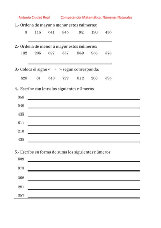 http://orientacionandujar.wordpress.com/
Antonio Ciudad Real Competencia Matemática: Números Naturales
1.‐ Ordena de mayor a menor estos números:
3 115 641 845 92 190 436
2.‐ Ordena de menor a mayor estos números:
132 205 627 557 859 938 573
3.‐ Coloca el signo < = > según corresponda:
828 81 343 722 812 268 595
4.‐ Escribe con letra los siguientes números
358
540
435
611
210
435
5.‐ Escribe en forma de suma los siguientes números
609
973
368
281
357
 