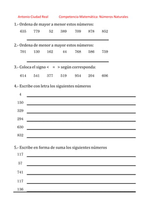 http://orientacionandujar.wordpress.com/
Antonio Ciudad Real Competencia Matemática: Números Naturales
1.‐ Ordena de mayor a menor estos números:
635 779 52 389 709 878 852
2.‐ Ordena de menor a mayor estos números:
701 130 162 44 768 586 759
3.‐ Coloca el signo < = > según corresponda:
614 541 377 519 954 204 606
4.‐ Escribe con letra los siguientes números
4
150
329
294
630
832
5.‐ Escribe en forma de suma los siguientes números
117
57
741
117
136
 