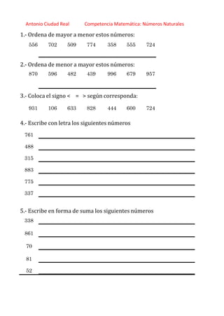 http://orientacionandujar.wordpress.com/
Antonio Ciudad Real Competencia Matemática: Números Naturales
1.‐ Ordena de mayor a menor estos números:
556 702 509 774 358 555 724
2.‐ Ordena de menor a mayor estos números:
870 596 482 439 996 679 957
3.‐ Coloca el signo < = > según corresponda:
931 106 633 828 444 600 724
4.‐ Escribe con letra los siguientes números
761
488
315
883
775
337
5.‐ Escribe en forma de suma los siguientes números
338
861
70
81
52
 