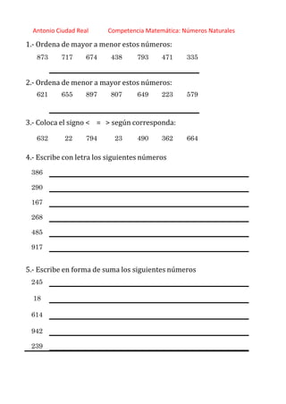 http://orientacionandujar.wordpress.com/
Antonio Ciudad Real Competencia Matemática: Números Naturales
1.‐ Ordena de mayor a menor estos números:
873 717 674 438 793 471 335
2.‐ Ordena de menor a mayor estos números:
621 655 897 807 649 223 579
3.‐ Coloca el signo < = > según corresponda:
632 22 794 23 490 362 664
4.‐ Escribe con letra los siguientes números
386
290
167
268
485
917
5.‐ Escribe en forma de suma los siguientes números
245
18
614
942
239
 