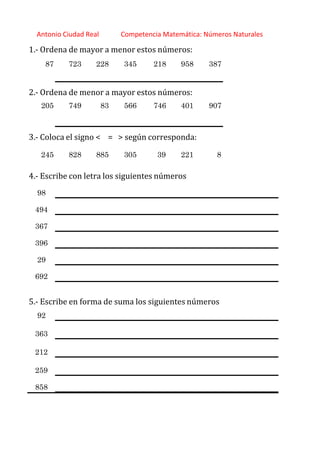 http://orientacionandujar.wordpress.com/
Antonio Ciudad Real Competencia Matemática: Números Naturales
1.‐ Ordena de mayor a menor estos números:
87 723 228 345 218 958 387
2.‐ Ordena de menor a mayor estos números:
205 749 83 566 746 401 907
3.‐ Coloca el signo < = > según corresponda:
245 828 885 305 39 221 8
4.‐ Escribe con letra los siguientes números
98
494
367
396
29
692
5.‐ Escribe en forma de suma los siguientes números
92
363
212
259
858
 