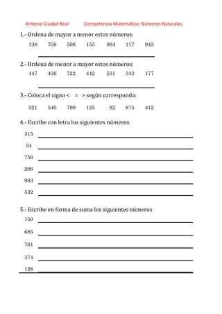 http://orientacionandujar.wordpress.com/
Antonio Ciudad Real Competencia Matemática: Números Naturales
1.‐ Ordena de mayor a menor estos números:
138 708 506 153 964 117 943
2.‐ Ordena de menor a mayor estos números:
447 436 722 442 531 343 177
3.‐ Coloca el signo < = > según corresponda:
321 540 790 125 82 875 412
4.‐ Escribe con letra los siguientes números
315
54
756
206
983
532
5.‐ Escribe en forma de suma los siguientes números
150
685
761
374
128
 