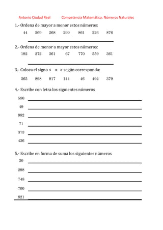http://orientacionandujar.wordpress.com/
Antonio Ciudad Real Competencia Matemática: Números Naturales
1.‐ Ordena de mayor a menor estos números:
44 269 268 299 861 226 876
2.‐ Ordena de menor a mayor estos números:
192 272 361 67 770 559 361
3.‐ Coloca el signo < = > según corresponda:
365 898 917 144 46 492 379
4.‐ Escribe con letra los siguientes números
580
49
982
71
373
436
5.‐ Escribe en forma de suma los siguientes números
30
298
748
700
821
 