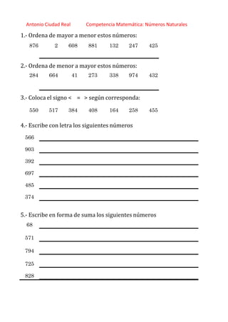 http://orientacionandujar.wordpress.com/
Antonio Ciudad Real Competencia Matemática: Números Naturales
1.‐ Ordena de mayor a menor estos números:
876 2 608 881 132 247 425
2.‐ Ordena de menor a mayor estos números:
284 664 41 273 338 974 432
3.‐ Coloca el signo < = > según corresponda:
550 517 384 408 164 258 455
4.‐ Escribe con letra los siguientes números
566
903
392
697
485
374
5.‐ Escribe en forma de suma los siguientes números
68
571
794
725
828
 