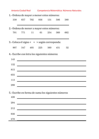 http://orientacionandujar.wordpress.com/
Antonio Ciudad Real Competencia Matemática: Números Naturales
1.‐ Ordena de mayor a menor estos números:
338 657 702 856 131 586 380
2.‐ Ordena de menor a mayor estos números:
701 771 11 61 254 360 662
3.‐ Coloca el signo < = > según corresponda:
907 347 405 225 560 431 32
4.‐ Escribe con letra los siguientes números
143
132
815
655
113
298
5.‐ Escribe en forma de suma los siguientes números
426
294
212
936
270
 