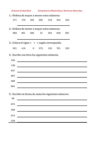 http://orientacionandujar.wordpress.com/
Antonio Ciudad Real Competencia Matemática: Números Naturales
1.‐ Ordena de mayor a menor estos números:
571 170 395 295 318 504 323
2.‐ Ordena de menor a mayor estos números:
962 861 286 21 304 948 691
3.‐ Coloca el signo < = > según corresponda:
921 418 8 572 155 701 523
4.‐ Escribe con letra los siguientes números
340
129
647
867
889
684
5.‐ Escribe en forma de suma los siguientes números
30
675
509
813
538
 