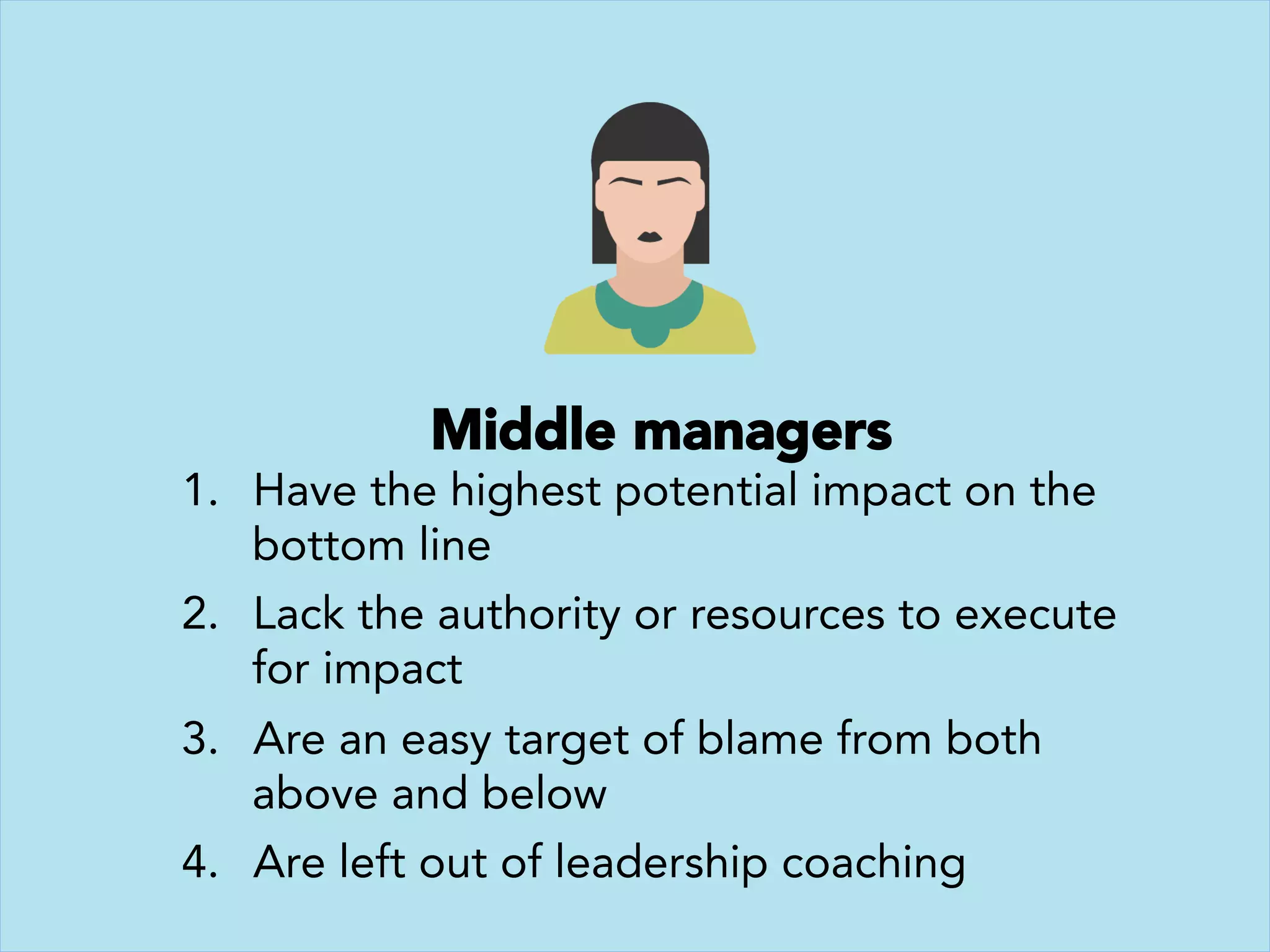 Middle managers 
1.  Have the highest potential impact on the
bottom line 
2.  Lack the authority or resources to execute
for impact 
3.  Are an easy target of blame from both
above and below 
4.  Are left out of leadership coaching
 