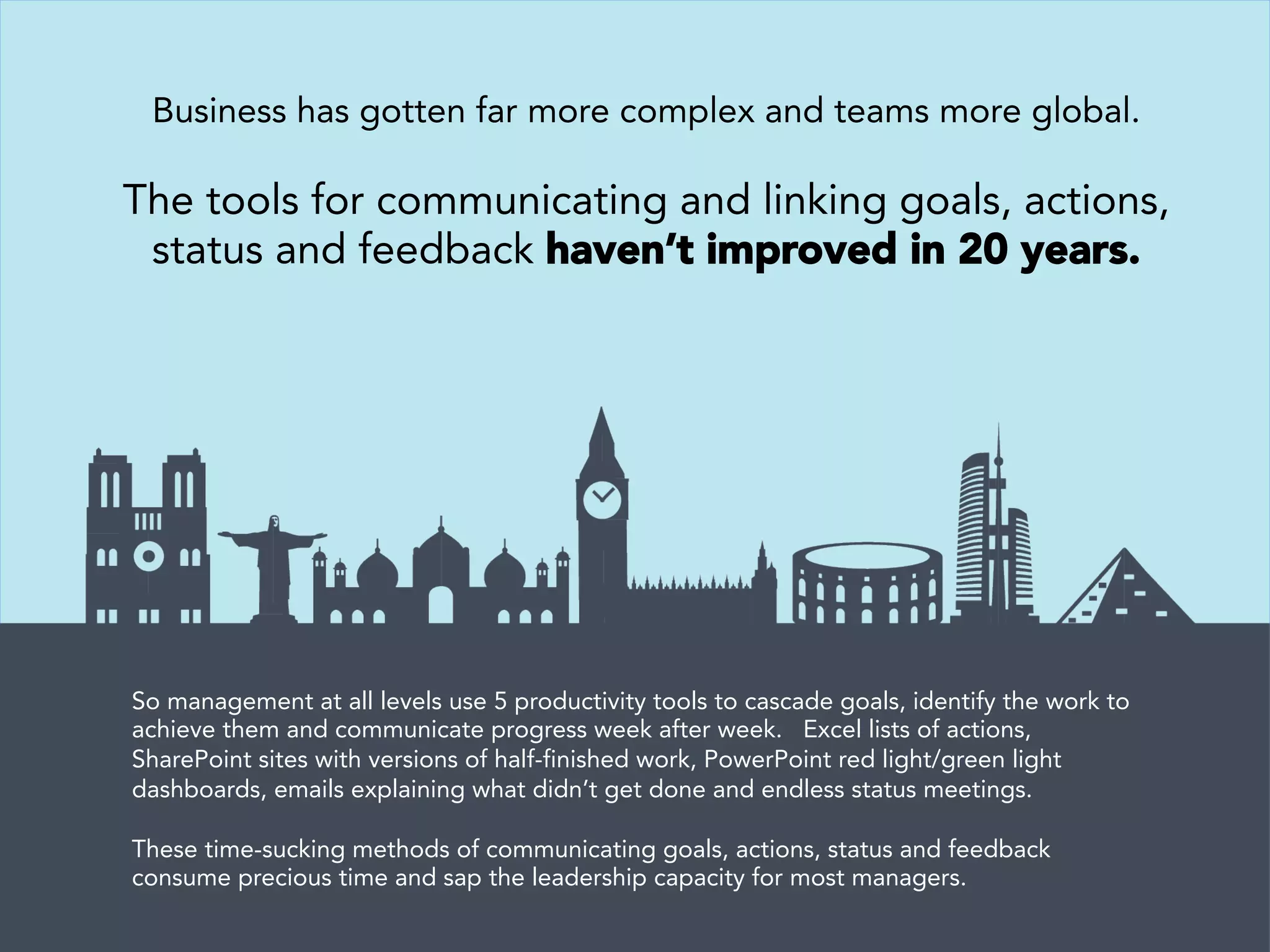 Business has gotten far more complex and teams more global.

The tools for communicating and linking goals, actions,
status and feedback haven’t improved in 20 years. 
So management at all levels use 5 productivity tools to cascade goals, identify the work to
achieve them and communicate progress week after week. Excel lists of actions,
SharePoint sites with versions of half-finished work, PowerPoint red light/green light
dashboards, emails explaining what didn’t get done and endless status meetings. 

These time-sucking methods of communicating goals, actions, status and feedback
consume precious time and sap the leadership capacity for most managers.
 