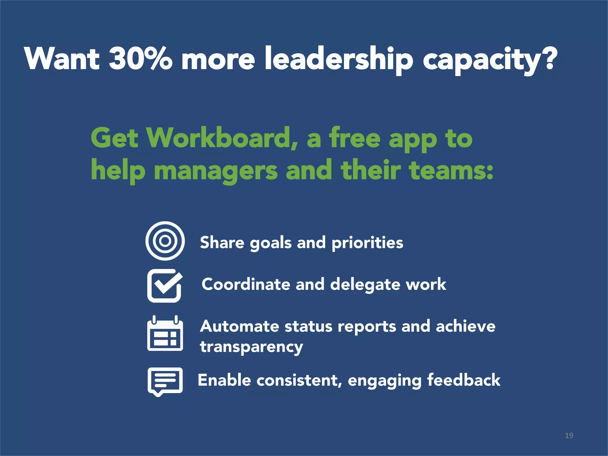19	
  
Want 30% more leadership capacity?
Get Workboard, a free app to
help managers and their teams:
Share goals and priorities
Coordinate and delegate work
Automate status reports and achieve
transparency
Enable consistent, engaging feedback
 