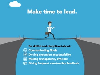 Make time to lead.

Be skillful and disciplined about:
Communicating Goals
Driving execution accountability
Making transparency efﬁcient
Giving frequent constructive feedback 


 