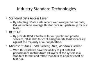 Industry Standard Technologies
• Standard Data Access Layer
– By adopting oData as its secure web wrapper to our data,
QA was able to leverage this for data setup/cleanup for our
tests.
• REST API
– By provide REST interfaces for our public and private
services, QA is able to script and generate load very easily
against the majority of our application.
• Microsoft Stack – SQL Server, .Net, Windows Server
– With this stack we have the ability to get detailed
performance metrics from all layers of the system in a
standard format and relate that data to a specific test or
test run.
 