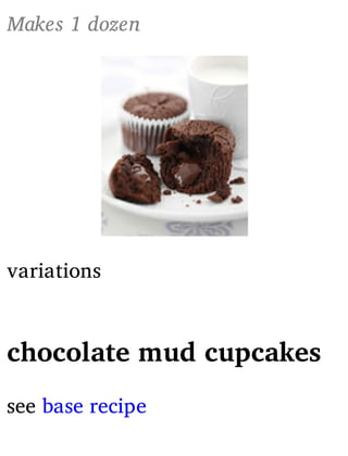 Makes 1 dozen
variations
chocolate mud cupcakes
see base recipe
 