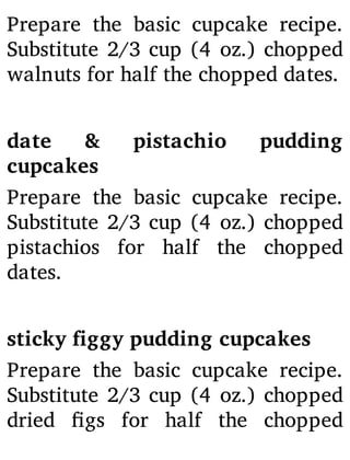 Prepare the basic cupcake recipe.
Substitute 2/3 cup (4 oz.) chopped
walnuts for half the chopped dates.
date & pistachio pudding
cupcakes
Prepare the basic cupcake recipe.
Substitute 2/3 cup (4 oz.) chopped
pistachios for half the chopped
dates.
sticky figgy pudding cupcakes
Prepare the basic cupcake recipe.
Substitute 2/3 cup (4 oz.) chopped
dried gs for half the chopped
 