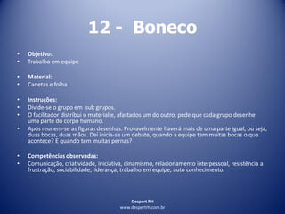 Despert RH
www.despertrh.com.br
12 - Boneco
• Objetivo:
• Trabalho em equipe
• Material:
• Canetas e folha
• Instruções:
• Divide-se o grupo em sub grupos.
• O facilitador distribui o material e, afastados um do outro, pede que cada grupo desenhe
uma parte do corpo humano.
• Após reunem-se as figuras desenhas. Provavelmente haverá mais de uma parte igual, ou seja,
duas bocas, duas mãos. Daí inicia-se um debate, quando a equipe tem muitas bocas o que
acontece? E quando tem muitas pernas?
• Competências observadas:
• Comunicação, criatividade, iniciativa, dinamismo, relacionamento interpessoal, resistência a
frustração, sociabilidade, liderança, trabalho em equipe, auto conhecimento.
 