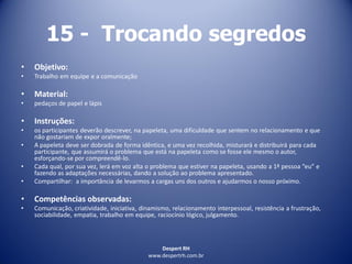 Despert RH
www.despertrh.com.br
15 - Trocando segredos
• Objetivo:
• Trabalho em equipe e a comunicação
• Material:
• pedaços de papel e lápis
• Instruções:
• os participantes deverão descrever, na papeleta, uma dificuldade que sentem no relacionamento e que
não gostariam de expor oralmente;
• A papeleta deve ser dobrada de forma idêntica, e uma vez recolhida, misturará e distribuirá para cada
participante, que assumirá o problema que está na papeleta como se fosse ele mesmo o autor,
esforçando-se por compreendê-lo.
• Cada qual, por sua vez, lerá em voz alta o problema que estiver na papeleta, usando a 1ª pessoa “eu” e
fazendo as adaptações necessárias, dando a solução ao problema apresentado.
• Compartilhar: a importância de levarmos a cargas uns dos outros e ajudarmos o nosso próximo.
• Competências observadas:
• Comunicação, criatividade, iniciativa, dinamismo, relacionamento interpessoal, resistência a frustração,
sociabilidade, empatia, trabalho em equipe, raciocínio lógico, julgamento.
 