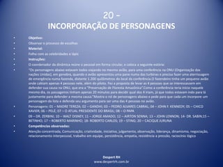 Despert RH
www.despertrh.com.br
20 –
INCORPORAÇÃO DE PERSONAGENS
• Objetivo:
• Observar o processo de escolhas
• Material:
• Folha com as celebridades e lápis
• Instruções:
• O coordenador da dinâmica reúne o pessoal em forma circular, e coloca a seguinte estória:
• “Os personagens abaixo estavam todos viajando no mesmo avião, para uma conferência na ONU (Organização das
nações Unidas), em genebra, quando o avião apresentou uma pane numa das turbinas e precisa fazer uma aterrissagem
de emergência numa fazenda, distante 1.200 quilômetros do local da conferência.O fazendeiro tinha um pequeno avião
onde cabiam apenas 4 pessoas nele, além do piloto. Fez a proposta de levar as 4 pessoas que se interessassem em
defender sua causa na ONU, que era a “Preservação de Floresta Amazônica”.Como a conferência teria início naquele
mesmo dia, os passageiros tinham apenas 20 minutos para decidir qual dos 4 iriam, já que todos estavam indo para lá
justamente para defender a mesma causa.”Mostra o rol de personagens abaixo e pede para que cada um incorpore um
personagem da lista e defenda seu argumento para ser uma das 4 pessoas no avião.
• Personagens: 01 – MADRE TEREZA; 02 – GANDHI; 03 – PEDRO ALVARES CABRAL; 04 – JOHN F. KENNEDY; 05 – CHICO
XAVIER; 06 – PELÉ; 07 – O ATUAL PRESIDENTE DO BRASIL; 08 – O PAPA
• 09 – DR. ZERBINI; 10 – WALT DISNEY; 11 – JORGE AMADO; 12 – AIRTON SENNA; 13 – JOHN LENNON; 14- DR. SABIN;15 –
BETINHO; 17 – ROBERTO MARINHO; 18- ROBERTO CARLOS; 19 – STING; 20 – CACIQUE JURUNA
• Competências observadas:
• Atenção concentrada, Comunicação, criatividade, iniciativa, julgamento, observação, liderança, dinamismo, negociação,
relacionamento interpessoal, trabalho em equipe, persistência, empatia, resistência a pressão, raciocínio lógico
 