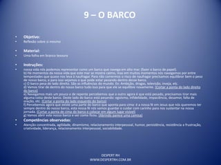 DESPERT RH
WWW.DESPERTRH.COM.BR
9 – O BARCO
• Objetivo:
• Reflexão sobre si mesmo
• Material:
• Uma folha em branco tesoura
• Instruções:
• nossa vida nós podemos representar como um barco que navega em alto mar. (fazer o barco de papel).
b) Há momentos da nossa vida que este mar se mostra calmo, mas em muitos momentos nós navegamos por entre
tempestades que quase nos leva à naufragar. Para não corrermos o risco de naufragar precisamos equilibrar bem o peso
de nosso barco, e para isso vejamos o que pode estar pesando dentro desse barco.
c) O barco pesa do lado direito. São as influências do mundo. Ex: Ambição, drogas, televisão, inveja, etc.
d) Vamos tirar de dentro do nosso barco tudo isso para que ele se equilibre novamente. (Cortar a ponta do lado direito
do barco)
e) Navegamos mais um pouco e de repente percebemos que o outro agora é que está pesado, precisamos tirar mais
alguma coisa deste barco. Deste lado do barco está pesando: egoísmo, infidelidade, impaciência, desamor, falta de
oração, etc. (Cortar a ponta do lado esquerdo do barco)
f) Percebemos agora que existe uma parte do barco que aponta para cima: é a nossa fé em Jesus que nós queremos ter
sempre dentro do nosso barco, esta nossa fé nós vamos guardar e cuidar com carinho para nos sustentar na nossa
jornada. (Cortar a ponta de cima do barco e colocar em algum lugar visível)
g) Vamos abrir este nosso barco e ver como ficou. (Abrindo parece uma camisa)
• Competências observadas:
• Atenção concentrada, agilidade, dinamismo, relacionamento interpessoal, humor, persistência, resistência a frustração,
criatividade, liderança, relacionamento interpessoal, sociabilidade.
 