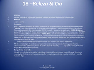 Despert RH
www.despertrh.com.br
18 –Beleza & Cia
• Objetivo:
• Verificar negociação, criatividade, liderança, trabalho de equipe, determinação, comunicação.
• Material:
• papel e caneta.
• Instruções:
• Você e sua equipe acabaram de assumir uma função de extrema importância na área de vendas da empresa
"NAVON". Esta empresa dedica-se ao ramo de produtos de beleza e cosméticos para mulheres de todas as
faixas e classes sociais. Sua empresa possui 60% do mercado e sua concorrente direta é a BELEZA & CIA. que
possui 35% do mercado. As demais concorrentes são pouco expressivas e totalizam os 5% restantes. A "NAVON"
possui um total de 13 produtos enquanto a BELEZA & CIA., tem atualmente 08 produtos. Dentre estes produtos
da concorrência, o sabonete líquido Xantium, vem incomodandobastante. Sua participação de mercado elevou
de 4% para 8% no último ano, nas regiões de melhor poder aquisitivo, embora não seja um produto caro (preço
final de R$ 6,00 - vidro de 80ml).
• Como aumentar a participação de mercado em uma empresa líder em seu segmento?
• Monte uma estratégia de combate ao crescimento da concorrência, visando alguns aspectos descritos
abaixo:CampanhasPublicitárias; Canais de vendas; Nicho de mercado; Equipe de vendas; Política de
Preços; Marketing de Relacionamento.
• Competências observadas:
• Atenção concentrada, Comunicação, criatividade, iniciativa, julgamento, observação, liderança, dinamismo,
negociação, relacionamento interpessoal, trabalho em equipe, persistência, empatia, resistência a pressão,
raciocínio lógico
 