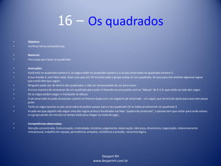 Despert RH
www.despertrh.com.br
16 – Os quadrados
• Objetivo:
• Verificarvárias competências.
• Material:
• Fita crepe para fazer os quadrados
• Instruções:
• Você está no quadrado número 3, os cegos estão no quadrado número 1 e os pés amarrados no quadrado número 2.
• A sua missão é, sem falar nada, fazer com que em 20 minutos todo o grupo esteja no seu quadrado. Só que para isto existem algumas regras
que vocês têm que seguir:
• Ninguém pode sair de dentro dos quadrados, a não ser atravessando de um para outro.
• A única maneira de atravessar de um quadrado para outro é fazendo-se uma ponte com as "tábuas" de E.V.A. que estão ao lado dos cegos.
• Só os cegos podem pegar e manipular as tábuas.
• O pé amarrado só pode atravessar a ponte se fizerem dupla com um cego(um pé amarrado - um cego), que servirá de apoio para que este possa
pular.
• Tanto os cegos quanto os pés amarrados só podem passar para o seu quadrado (3) se todos já estiverem no quadrado 2.
• A cada vez que alguém não seguir uma das regras acima o focalizadorvai falar "quebra de protocolo", a pessoa tem que voltar para onde estava
e o grupo perde um minuto no tempo total para chegar na meta do jogo..
• Competênciasobservadas:
• Atenção concentrada, Comunicação, criatividade,iniciativa,julgamento, observação, liderança, dinamismo,negociação, relacionamento
interpessoal, trabalho em equipe, persistência, empatia, resistência a pressão, raciocíniológico
 