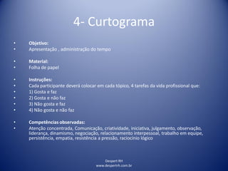 Despert RH
www.despertrh.com.br
4- Curtograma
• Objetivo:
• Apresentação , administração do tempo
• Material:
• Folha de papel
• Instruções:
• Cada participante deverá colocar em cada tópico, 4 tarefas da vida profissional que:
• 1) Gosta e faz
• 2) Gosta e não faz
• 3) Não gosta e faz
• 4) Não gosta e não faz
• Competências observadas:
• Atenção concentrada, Comunicação, criatividade, iniciativa, julgamento, observação,
liderança, dinamismo, negociação, relacionamento interpessoal, trabalho em equipe,
persistência, empatia, resistência a pressão, raciocínio lógico
 