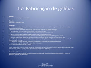 Despert RH
www.despertrh.com.br
17- Fabricação de geléias
• Objetivo:
• Observar raciocíniológico – nível médio
• Material:
• Folha com as questões e lápis
• Instruções:
• A partir das informaçõesobtidas, descubra o nome completo de cada pessoa e o tipo de geléia que fez, assim como o que
precisou pedir emprestado
• 1- a pessoa que ficou sem amido de milho não estava fazendo geléia de uva nem de morango
• 2 – Lucinda Souza ( que não fez geléia de pêssego) não ficou sem tampas
• 3 – A pessoa que não teve potes suficientes foi a de sobrenome Lima (que não é Neli)
• 4 – Tanto Tato quanto a pessoa que fez geléia de uva colheram suas próprias frutas
• 5 – O sobrenome de pessoa que ficou sem açucar (que não fez geléia de amora) não é Wargas nem Souza)
• 6 – Neli (que fez geléias de cereja) não tem sobrenome Palmeira(que não fez geléia de morango nem de uva)
• 7 – Nem Dana (cujo sobrenome não é Wargas) nem a pessoa que fez geléia de uva ficaram sem potes para a sua geléia. Dana
não fez geléia de morango.
• 8 – A pessoa que ficou sem pectina ( que não foi Gustavo nem Lucinda) não tem sobrenome Palmeira.
• 9 – A pessoa que fez geléia de uva não é a que ficou sem açucar.
• 10 – O sobrenome de Gustavo não é moura
• Dados: Nome: Dana, gustavo, Lucinda, Neli e Tato; Sobrenome: Lima, Moura, Palmeira, Souza e Wargas; Falta: Amido de milho,
Potes, Tampas, Pectina e Açúcar; Geléia:Pêssego, Amora, Cereja, Uva e Morango.
• Competênciasobservadas:
• Atenção concentrada, criatividade,iniciativa, julgamento, observação, dinamismo, persistência,resistênciaa frustração,
resistênciaa pressão, raciocíniológico
 