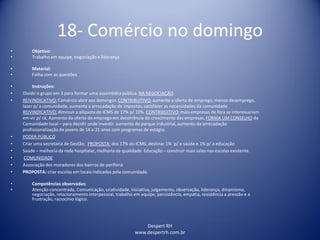Despert RH
www.despertrh.com.br
18- Comércio no domingo
• Objetivo:
• Trabalho em equipe, negociação e liderança
• Material:
• Folha com as questões
• Instruções:
• Dividir o grupo em 3 para formar uma assembléia pública. NA NEGOCIAÇÃO
• REIVINDICATIVO: Comércio abrir aos domingos.CONTRIBUITIVO: aumenta a oferta de emprego, menos desemprego,
lazer p/ a comunidade, aumenta a arrecadação de impostos, satisfazer as necessidades da comunidade.
REIVINDICATIVO: diminuir a alíquota do ICMS de 17% p/ 10%. CONTRIBUITIVO: mais empresas de fora se interessariam
em vir p/ cá, Aumento da oferta de emprego em decorrência do crescimento das empresas,FORMA UM CONSELHO da
Comunidade local – para decidir onde investir. aumento do parque industrial, aumento da arrecadação
profissionalizaçãode jovens de 14 a 21 anos com programas de estágio.
• PODER PÚBLICO
• Criar uma secretaria de Gestão; PROPOSTA: dos 17% do ICMS, destinar 1% ´p/ a saúde e 1% p/ a educação
• Saúde – melhoria da rede hospitalar, melhoria da qualidade. Educação – construir mais salas nas escolas existente.
• COMUNIDADE
• Associação dos moradores dos bairros de periferia
• PROPOSTA: criar escolas em locais indicados pela comunidade.
• Competências observadas:
• Atenção concentrada, Comunicação, criatividade, iniciativa, julgamento, observação, liderança, dinamismo,
negociação, relacionamento interpessoal, trabalho em equipe, persistência, empatia, resistência a pressão e a
frustração, raciocínio lógico.
 