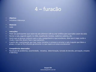 Despert RH
www.despertrh.com.br
4 – furacão
• Objetivo:
• Iniciativa e liderança.
• Material:
• nada
• Instruções:
• Pedir aos participantes que saiam da sala (oferecer café ou criar artifício para que todos saiam da sala).
• Revirar a sala, jogando papéis no chão, espalhando revistas, cadernos cadeiras, etc.
• Assim que as pessoas voltarem para a sala e perguntarem o que aconteceu, dizer que é cego, surdo e
mudo, e que eles devem fazer o que quiserem.
• A partir daí, o participante que tiver maior iniciativa e começar a arrumar a sala é aquele que lidera o
grupo, e o que só fica olhando geralmente é o que espera as coisas acontecerem
• Competências observadas:
• Resolução de problemas, assertividade, iniciativa, determinação, tomada de decisão, percepção, empatia
e liderança.
 