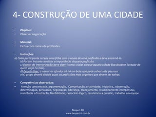 Despert RH
www.despertrh.com.br
4- CONSTRUÇÃO DE UMA CIDADE
• Objetivo:
• Observar negociação
• Material:
• Fichas com nomes de profissões.
• Instruções:
a) Cada participante recebe uma ficha com o nome de uma profissão e deve encarná-la.
b) Por um instante analisar a importância daquela profissão.
c) Depois da interiorização deve dizer: Vamos viajar porque aquela cidade fica distante (atitude de
quem viaja no mar).
d) Depois dizer: o navio vai afundar só há um bote que pode salvar sete pessoas.
e) O grupo deverá decidir quais as profissões mais urgentes que devem ser salvas.
• Competências observadas:
• Atenção concentrada, argumentação, Comunicação, criatividade, iniciativa,, observação,
determinação, persuasão, negociação, liderança, planejamento, relacionamento interpessoal,
resistência a frustração, flexibilidade, raciocínio lógico, resistência a pressão, trabalho em equipe.
 