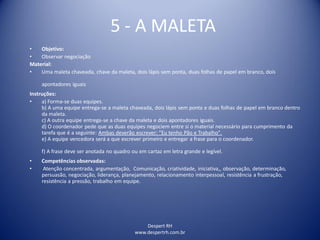 Despert RH
www.despertrh.com.br
5 - A MALETA
• Objetivo:
• Observar negociação
Material:
• Uma maleta chaveada, chave da maleta, dois lápis sem ponta, duas folhas de papel em branco, dois
apontadores iguais
Instruções:
• a) Forma-se duas equipes.
b) A uma equipe entrega-se a maleta chaveada, dois lápis sem ponta e duas folhas de papel em branco dentro
da maleta.
c) A outra equipe entrega-se a chave da maleta e dois apontadores iguais.
d) O coordenador pede que as duas equipes negociem entre si o material necessário para cumprimento da
tarefa que é a seguinte: Ambas deverão escrever: "Eu tenho Pão e Trabalho".
e) A equipe vencedora será a que escrever primeiro e entregar a frase para o coordenador.
f) A frase deve ser anotada no quadro ou em cartaz em letra grande e legível.
• Competências observadas:
• Atenção concentrada, argumentação, Comunicação, criatividade, iniciativa,, observação, determinação,
persuasão, negociação, liderança, planejamento, relacionamento interpessoal, resistência a frustração,
resistência a pressão, trabalho em equipe.
 
